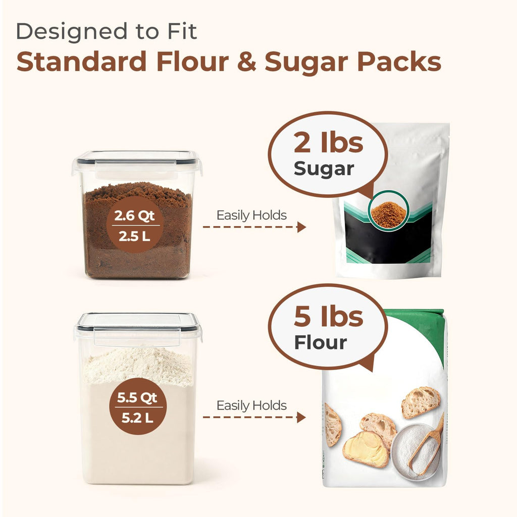 ComSaf Flour Storage Containers Set of 3 (5.2L/5.5Qt) (2.5L/2.6Qt*2), Large Airtight Food Storage Containers with Lids, Plastic Canisters Sets for Kitchen, Pantry Organizers for Rice Cereal and Baking