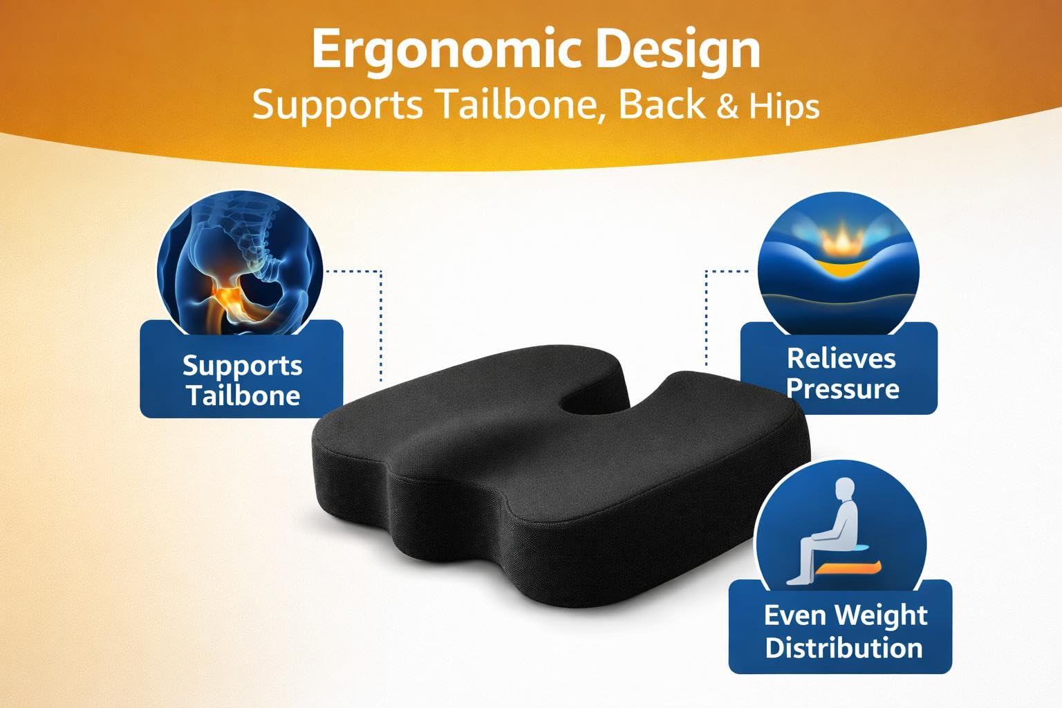 Memory Foam Orthopedic Seat Cushion for Tailbone Pain Relief – Ergonomic Coccyx Support Cushion for Office Chair, Car Seat, Wheelchair & Gaming Chair – Non-Slip Bottom & Machine-Washable Cover