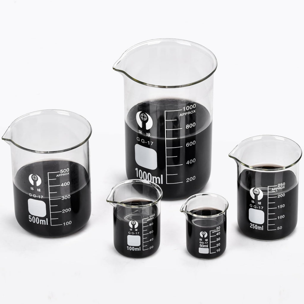 OLCANA 5 Pack Glass Beaker Set 50 ml 100 ml 250 ml 500ml 1000 ml Thick Borosilicate 3.3 Glass Graduated Measuring Lab Beaker Low Form Griffin 1L Big Glass Beaker