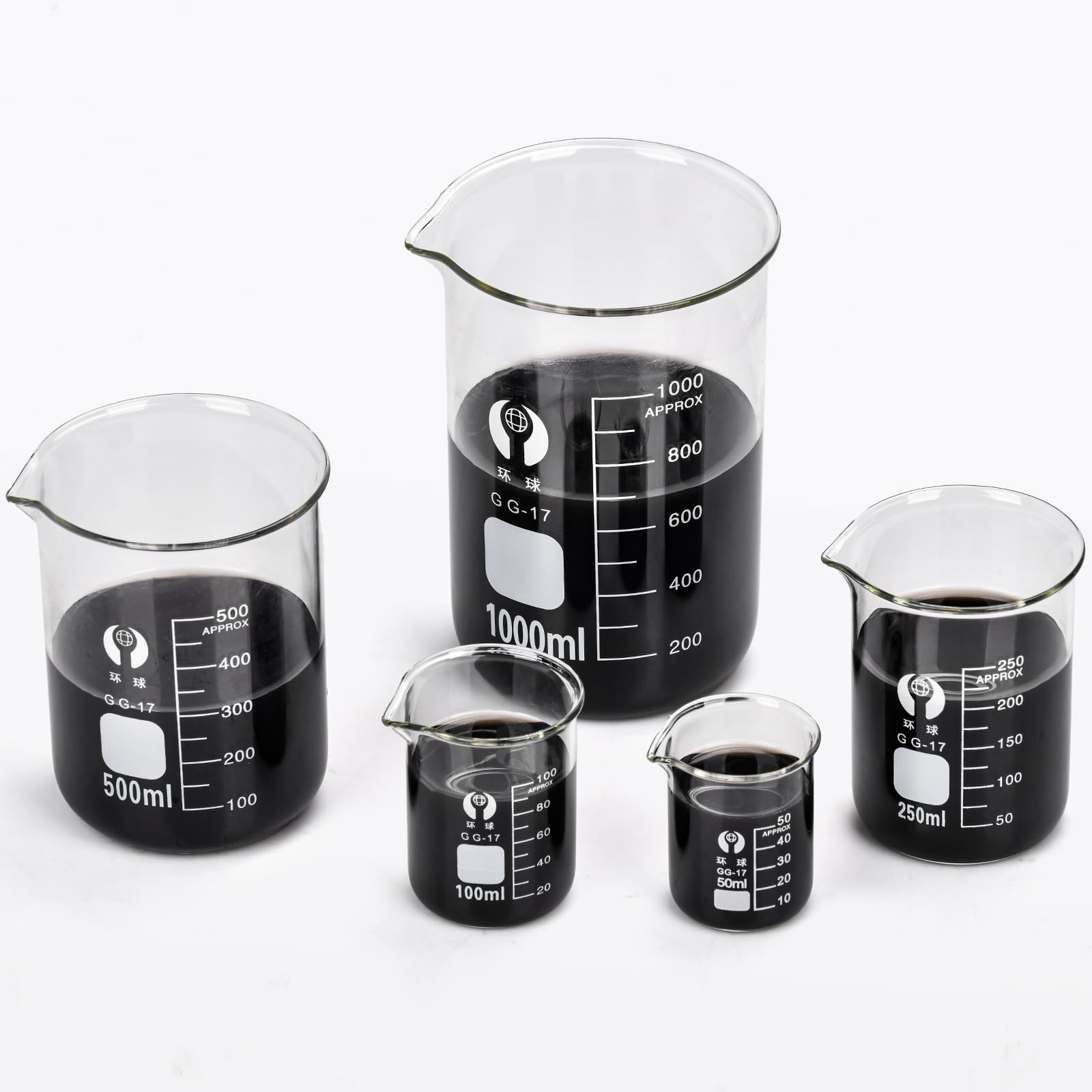 OLCANA 5 Pack Glass Beaker Set 50 ml 100 ml 250 ml 500ml 1000 ml Thick Borosilicate 3.3 Glass Graduated Measuring Lab Beaker Low Form Griffin 1L Big Glass Beaker