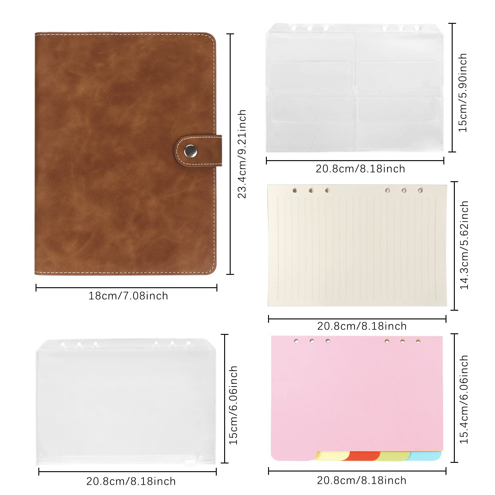 Colacoo Leather A5 Binder Notebook 6 Ring, Refillable Planner with Pockets, Dividers, Refill Paper, Travel Journal Cover Brown