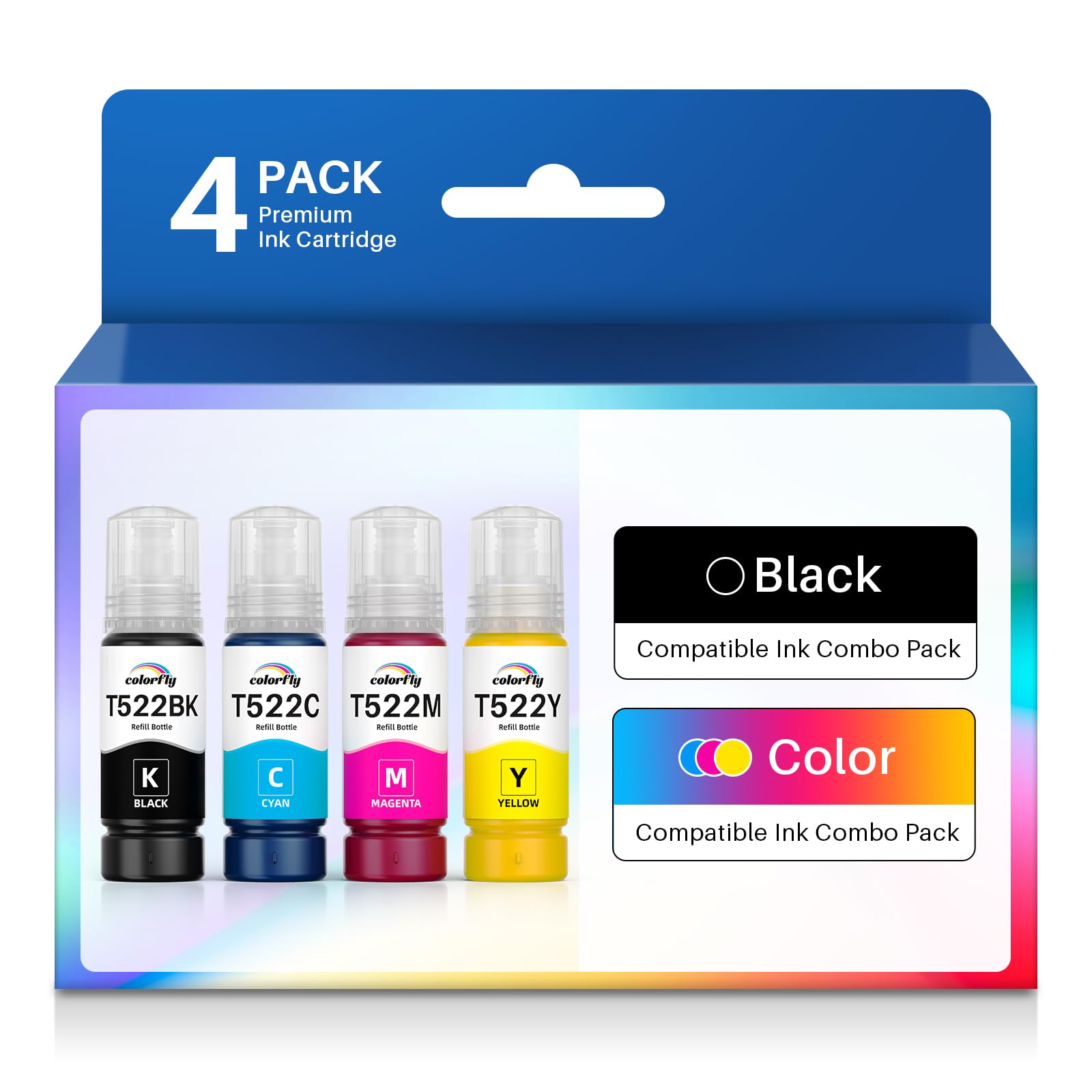 Colorfly T522 Ink Replacement T522 Refill Bottles for Compatible T522 B Lack Ink to Work with ET-2800 ET-2803 ET-2840 ET-2720 ET-2400 ET-4700 ET-4800 Printer 4 Pack (Not Sublimation)