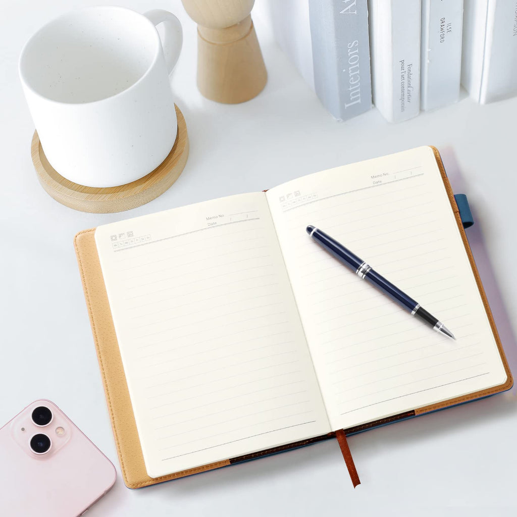 A5 Lined Leather Journal with Pen, 240 Pages Refillable Hardcover Notebook with Pocket and Magnetic Buckle, 80gsm Thick Daily Diary for Men and Women, Great Gift for Business School Travel Personal - Navy Blue