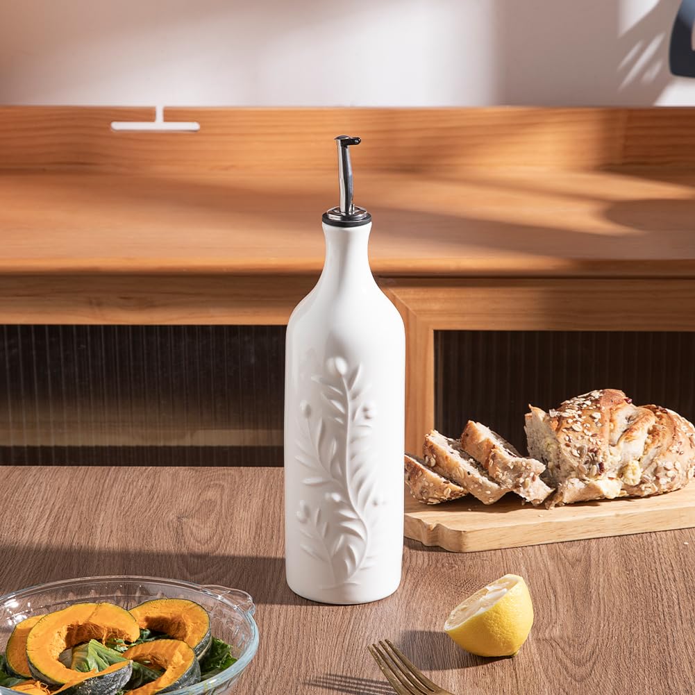 Sweejar Large Olive Oil Dispenser Bottle with Spout, 24 Oz Ceramic Oil Dispenser for Kitchen, Relief Opaque Oil Cruet, Oil Container for Cooking, EVOO, Avocado Oil, Vinegar, Pack of 1(White)