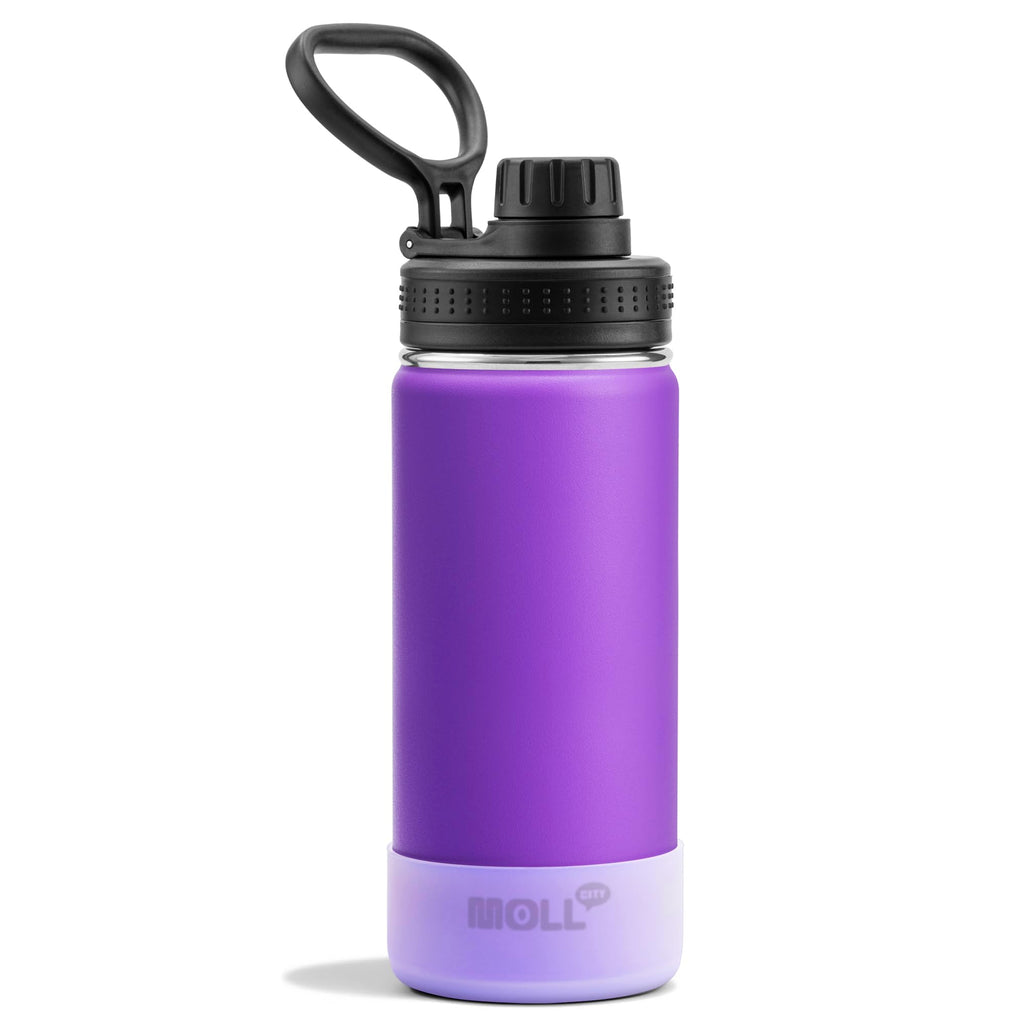 Mollcity 16 oz Water Bottle for School Kids Stainless Steel Double Wall Vacuum Insulated Sports Water Bottle Leak Proof-Reusable Metal Flask with Silicone Boot for Travel, BPA-Free(Purple)
