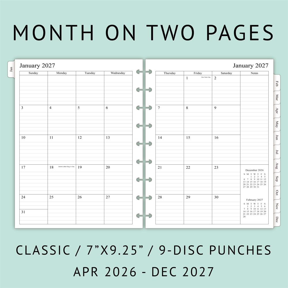 newestor 2026-2027 Planner Refills for Happy Planner Classic Size, Monthly Pages, Apri 2026 - Dec 2027, 9-Disc Punched, 7" x 9-1/4"