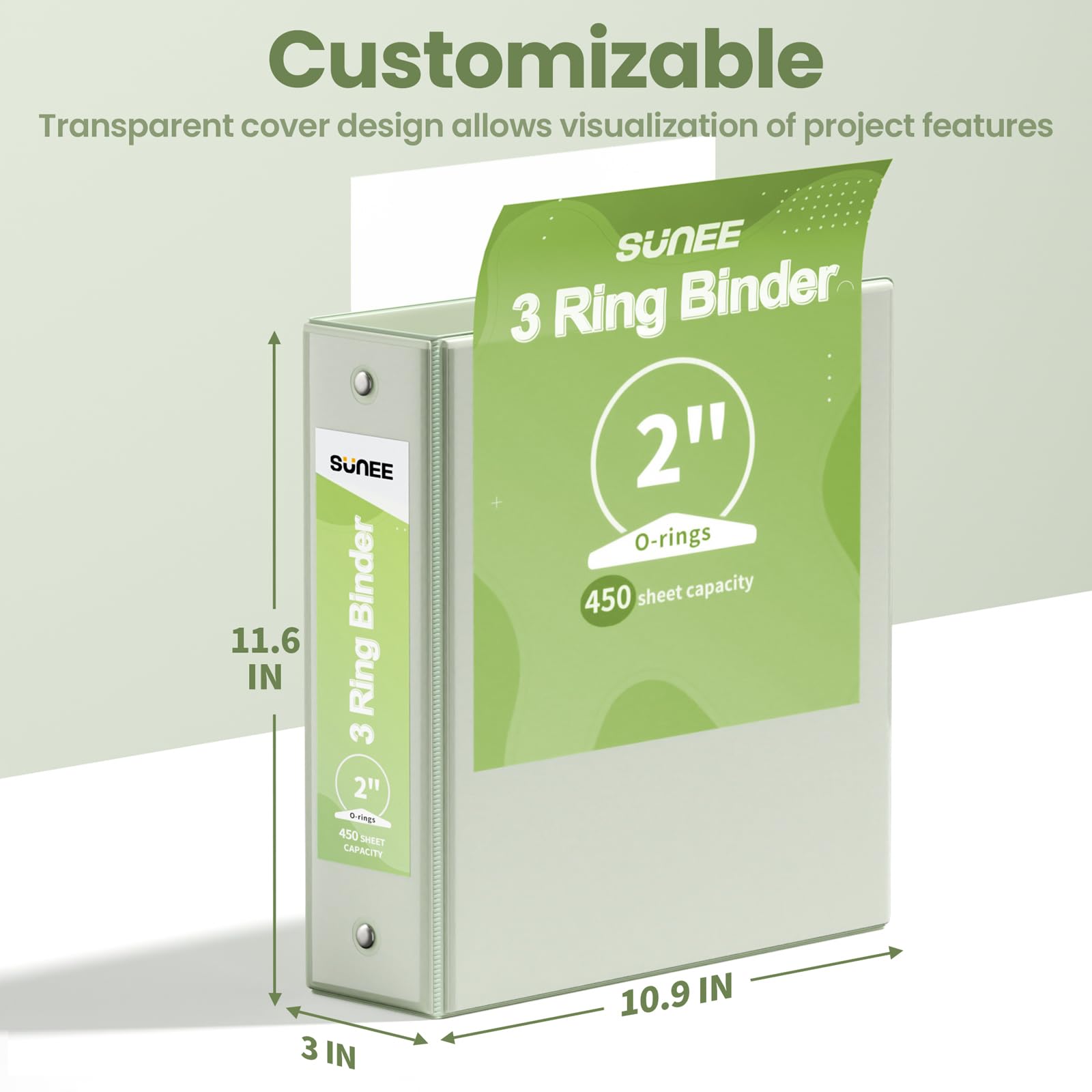 SUNEE 3 Ring Binder 2 Inch 2 Pack, Clear View Three Ring PVC-Free (Fit 8.5x11 Inches) for School or Office Supplies, Sage Green