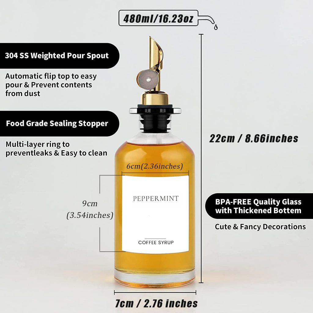 Ezebesta Set of 3 Coffee Syrup Glass Dispenser Bottles 480ml Pump Bottles with 20 Labels for Coffee Bar Organization