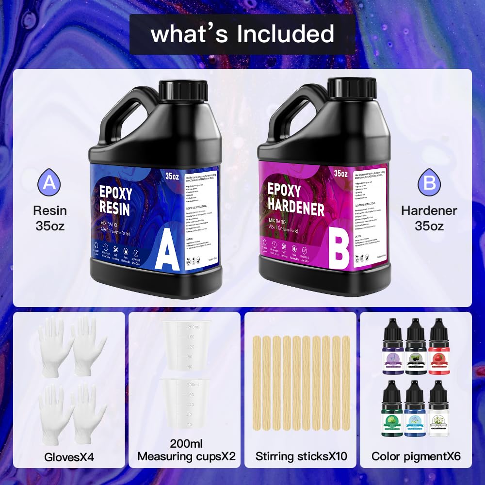 GRLELOU Epoxy Resin Kit 70OZ - No Yellowing & Less Bubble 2 Part Epoxy Resin for Beginners, 1:1 Ratio Art Resin for Wood Casting, Jewelry Making, Art Crafting & Countertop Coating (35OZ×2)