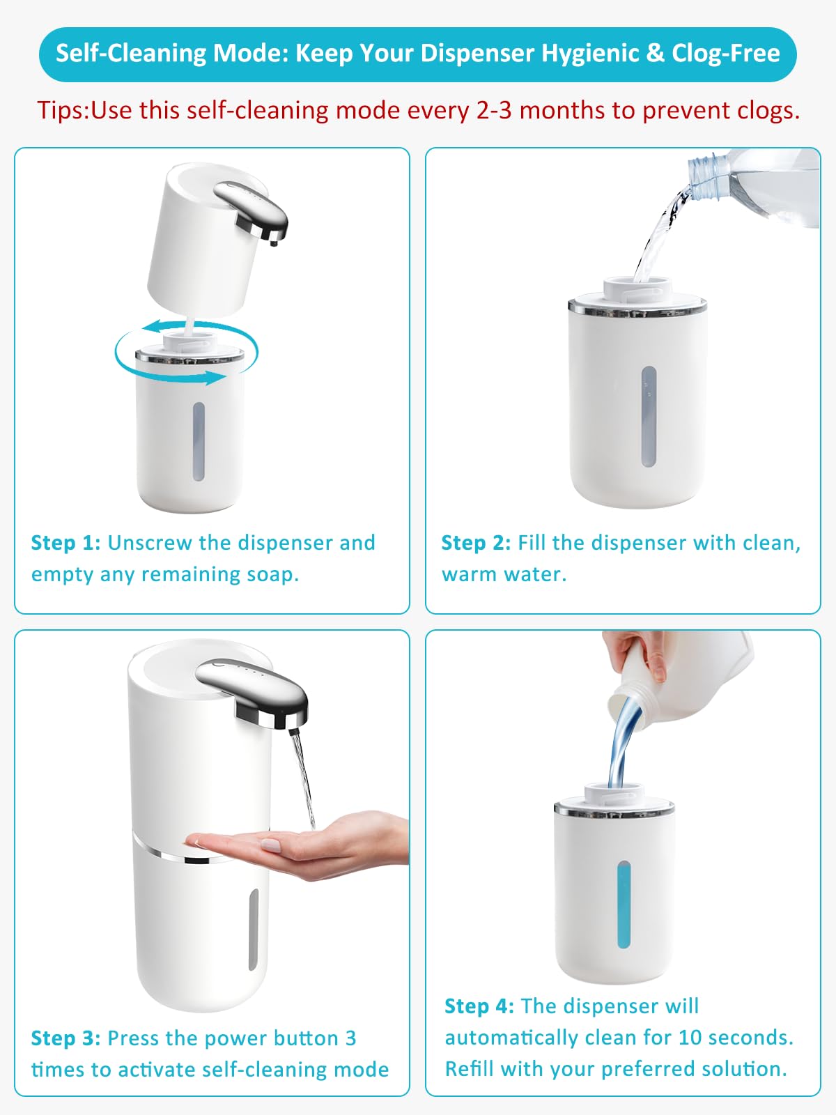 ZTJ Automatic Liquid Soap Dispenser, Electric/Touchless Soap Dispenser with Waterproof Pump for Bathroom/Kitchen, 4-Levels Adjustable USB-C Rechargeable, 13.5oz/400ml Capacity, Liquid Style, White