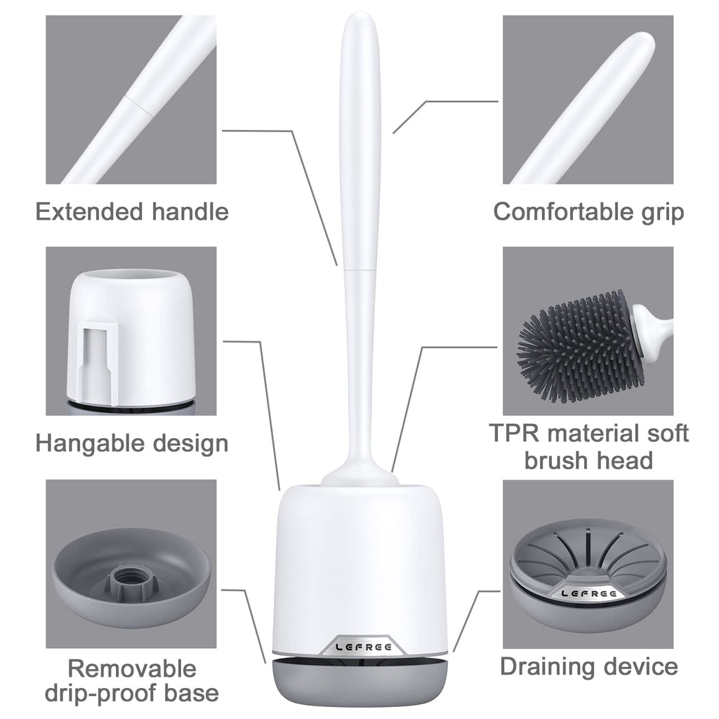 Lefree Silicone Toilet Brush and Holder 1 Pack, Toilet Bowl Cleaner Brush Set with Quick Drying Ventilated Base,Wall Mounted or Floor Standing, Grey