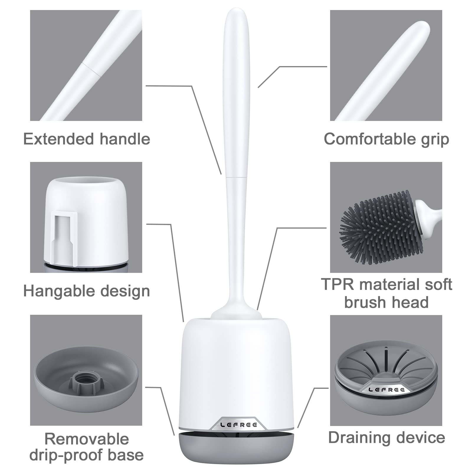 Lefree Silicone Toilet Brush and Holder 1 Pack, Toilet Bowl Cleaner Brush Set with Quick Drying Ventilated Base,Wall Mounted or Floor Standing, Grey