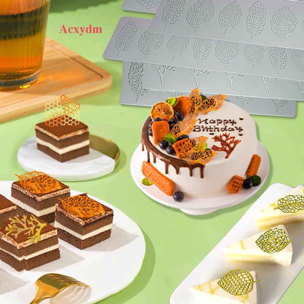 Acxydm 5PCS Leaf Molds Silicone,Fondant Molds Baking Molds,Chocolate Molds Set with Silicone Leaf Mold and 3D Beehive Candy Lace Silicone Molds,Tuile Molds Silicone for Making Sugar Craft,Cupcakes