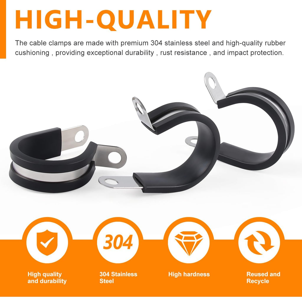 Flytuo 60PCS Cable Clamps Assortment Kit, 304 Stainless Steel Rubber Cushion Pipe Clamps in 7 Sizes (1/4" 5/16" 3/8" 1/2" 5/8" 3/4" 1") - P Clips for Fasten Hose, Pipe and Cable