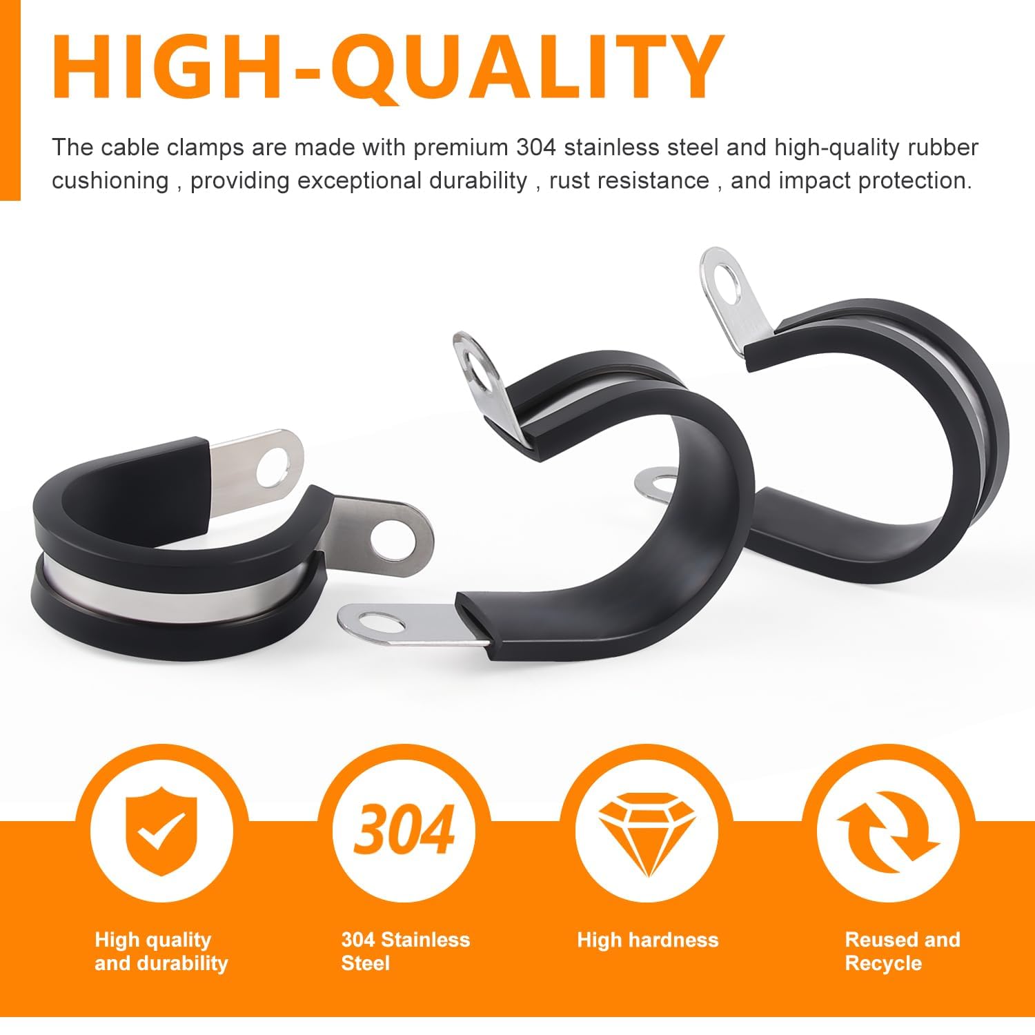 Flytuo 60PCS Cable Clamps Assortment Kit, 304 Stainless Steel Rubber Cushion Pipe Clamps in 7 Sizes (1/4" 5/16" 3/8" 1/2" 5/8" 3/4" 1") - P Clips for Fasten Hose, Pipe and Cable