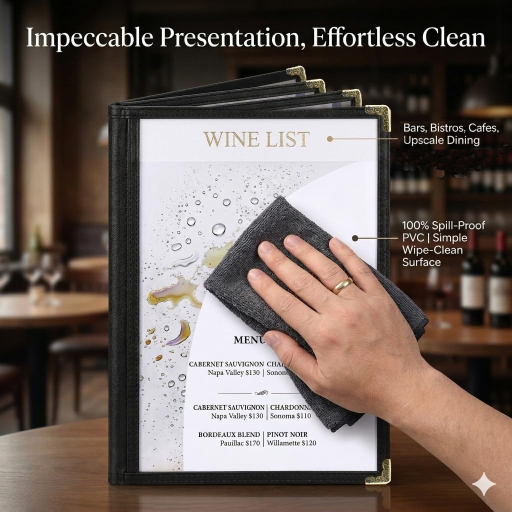 2PCS 8.5 x 11 Inch Menu Covers,4 Page 8 View Transparent Restaurant Menu Covers, Fits A4 Size Paper，Bar Cafe Restaurant Book Black Folder