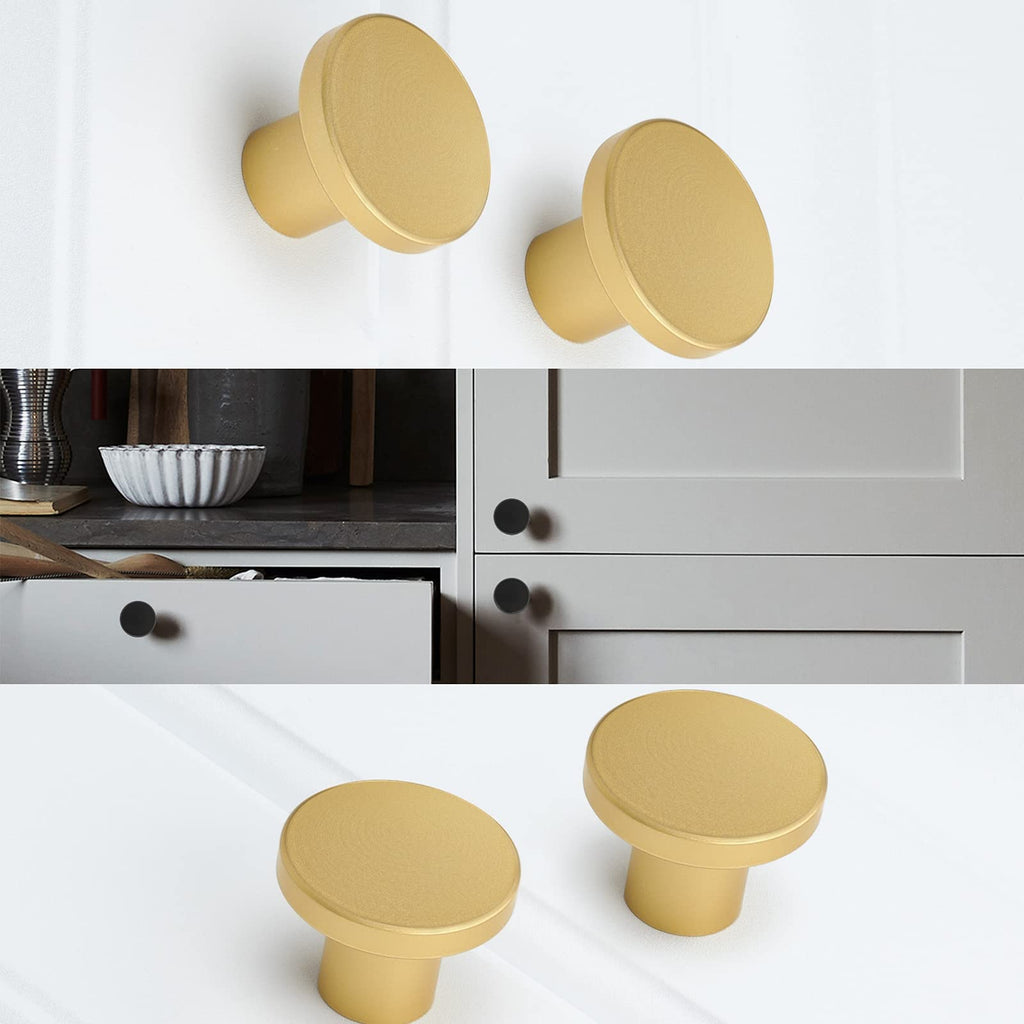 homdiy 10 Pack Round Dresser Knobs Gold Cabinet Knobs, LS7069BB Solid Gold Knobs for Dresser Drawers Brushed Brass Cabinet Door Knobs Modern Kitchen Hardware, 1.18 Inch Diameter
