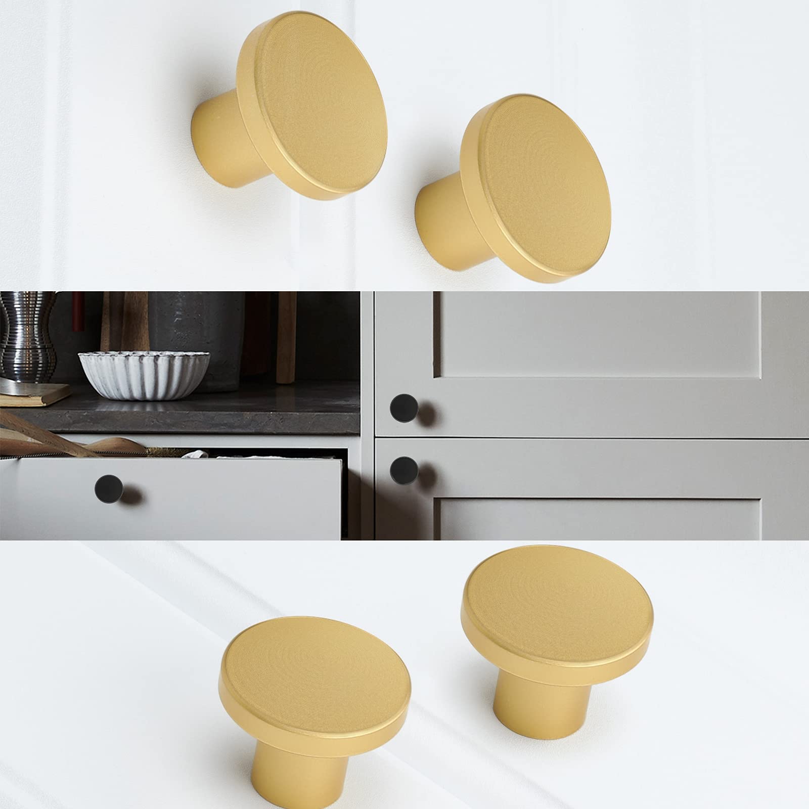 homdiy 10 Pack Round Dresser Knobs Gold Cabinet Knobs, LS7069BB Solid Gold Knobs for Dresser Drawers Brushed Brass Cabinet Door Knobs Modern Kitchen Hardware, 1.18 Inch Diameter