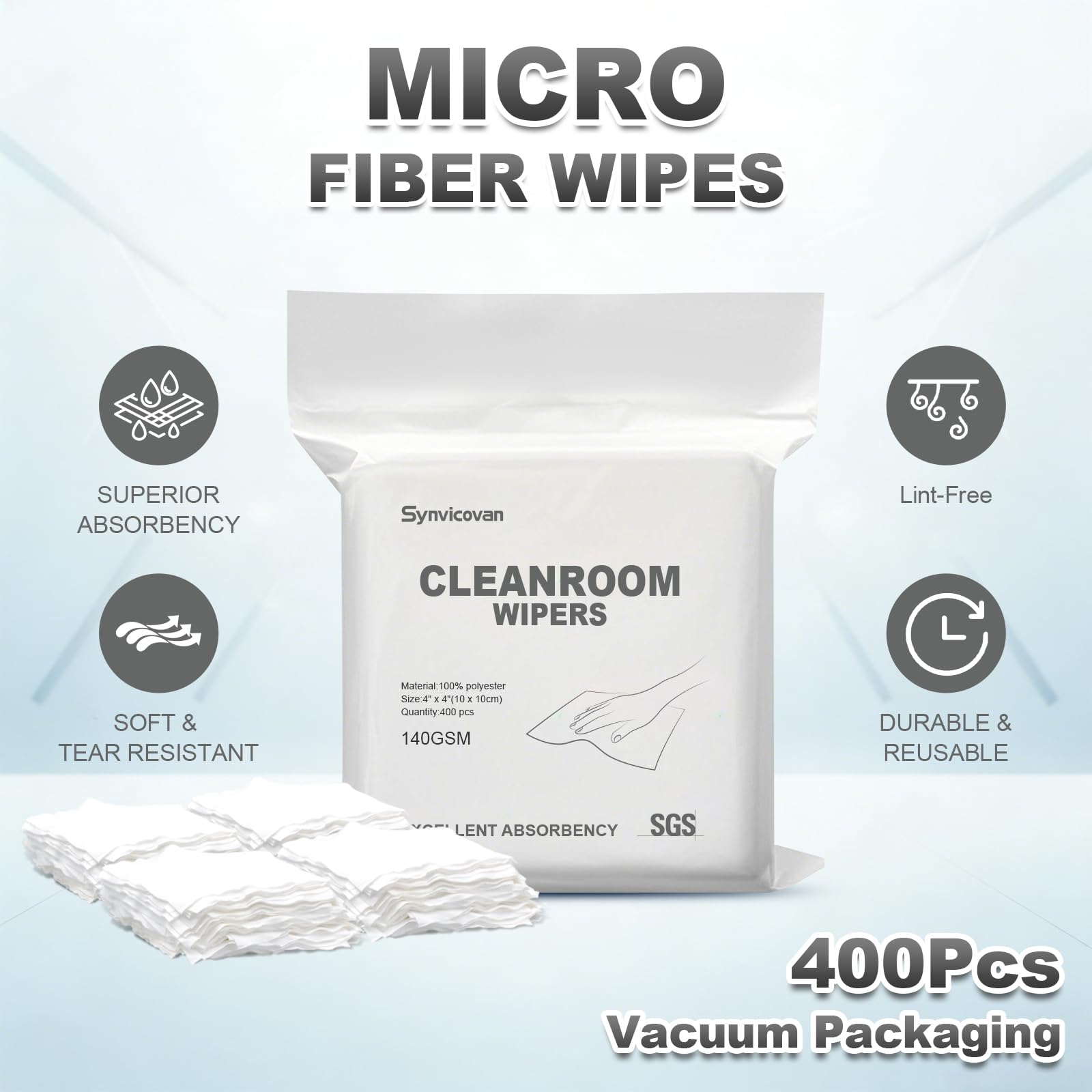 Synvicovan Cleanroom Wipers 4"x4"(400 Pcs, 100% Polyester, Class 100, 140GSM) Double Knit 100% Lint Free Cloths with Ultra-fine Filaments, Laser Sealed Edge Ultra-Soft Wipers