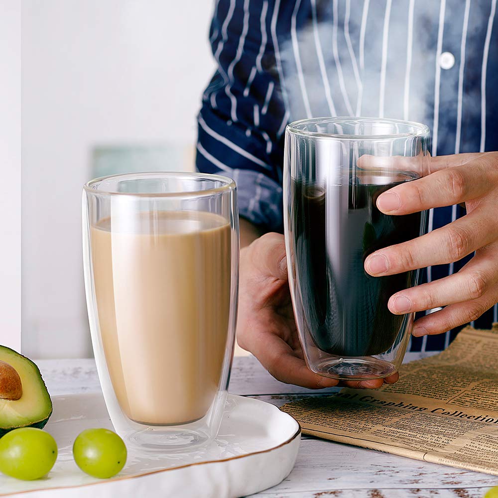 CnGlass Double Wall Thermo Glass Coffee Cup 13.5 oz,Clear Insulated Glass Coffee Mug,Set of 2