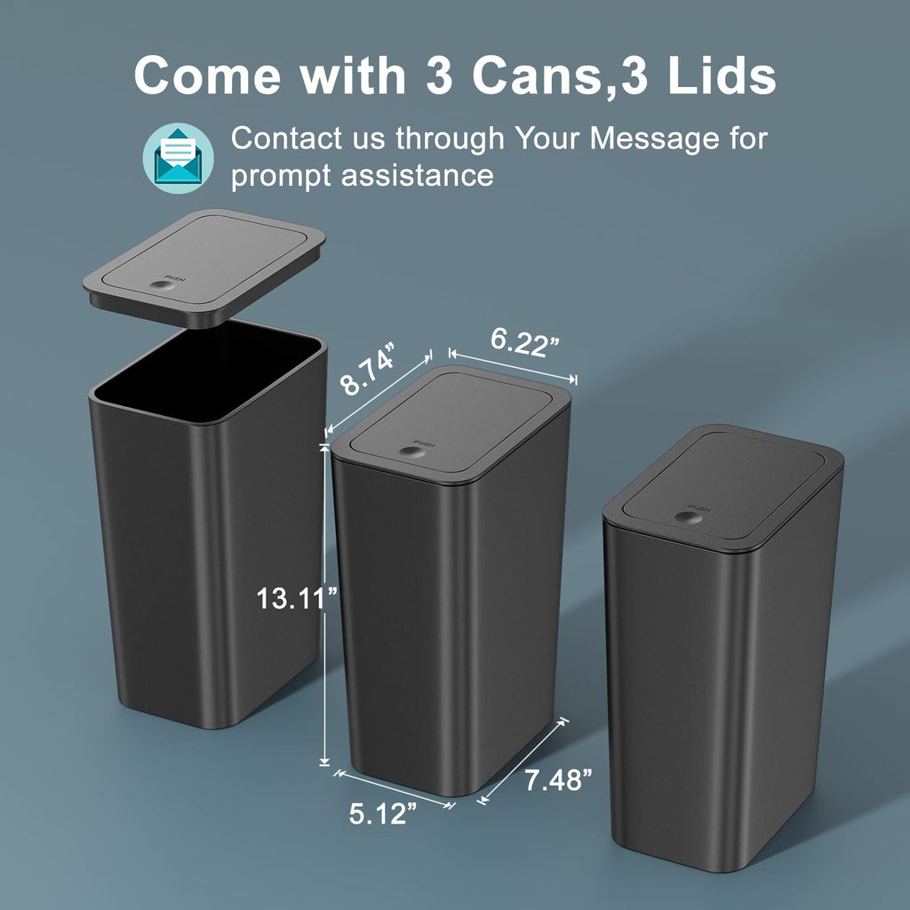 3 Pack 10 Liter Bathroom Trash Can with lid, 2.6 Gallon Kitchen Trash Can,Small Garbage Can Slim Compost Bin Waste Basket for Bathroom,Kitchen,Bedroom,Living Room,Office,Laundry - Black