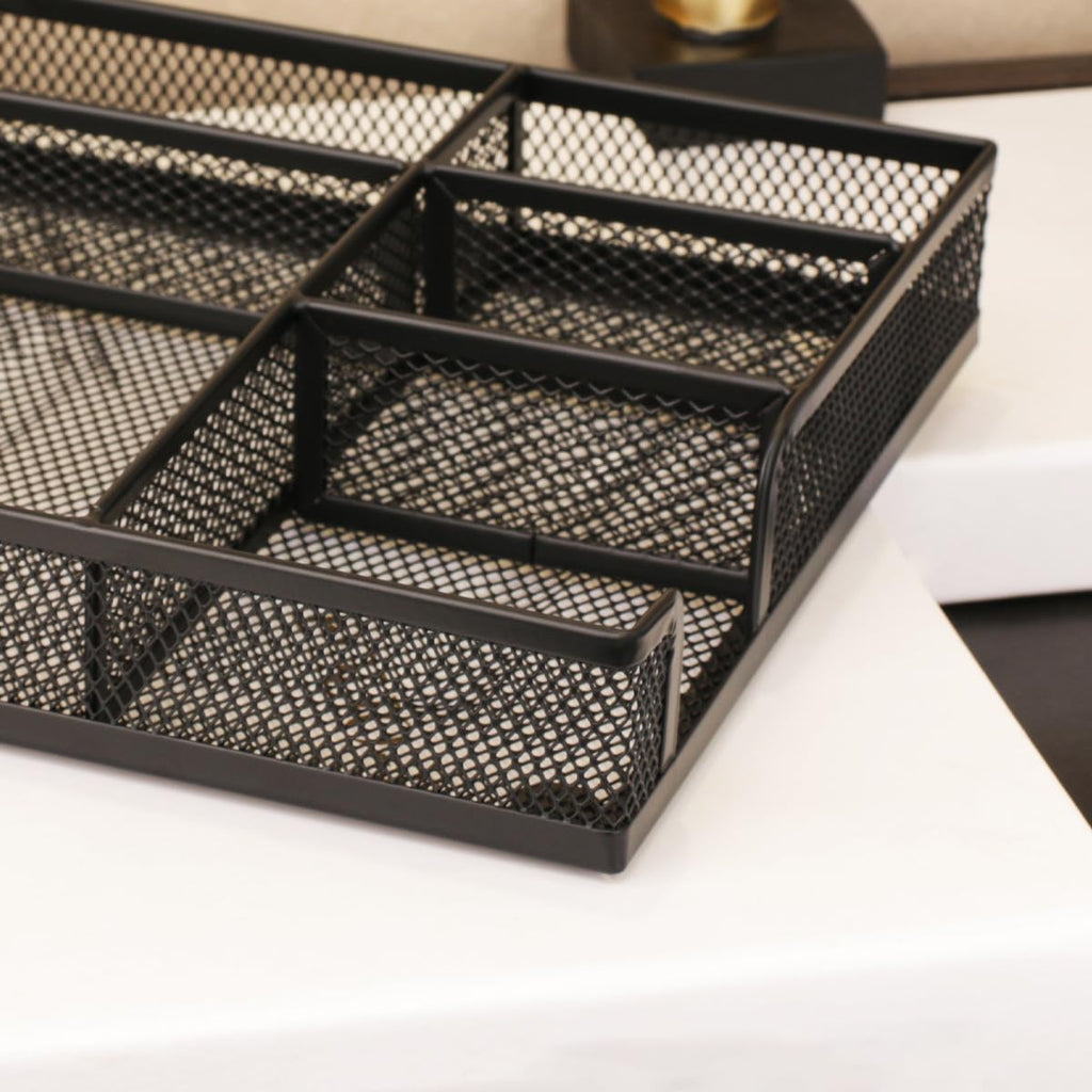 Gonice Black Metal Mesh Desk Drawer Organizer Tray with 5 Dividers for Office Supplies, Desk Cabinet with Drawers