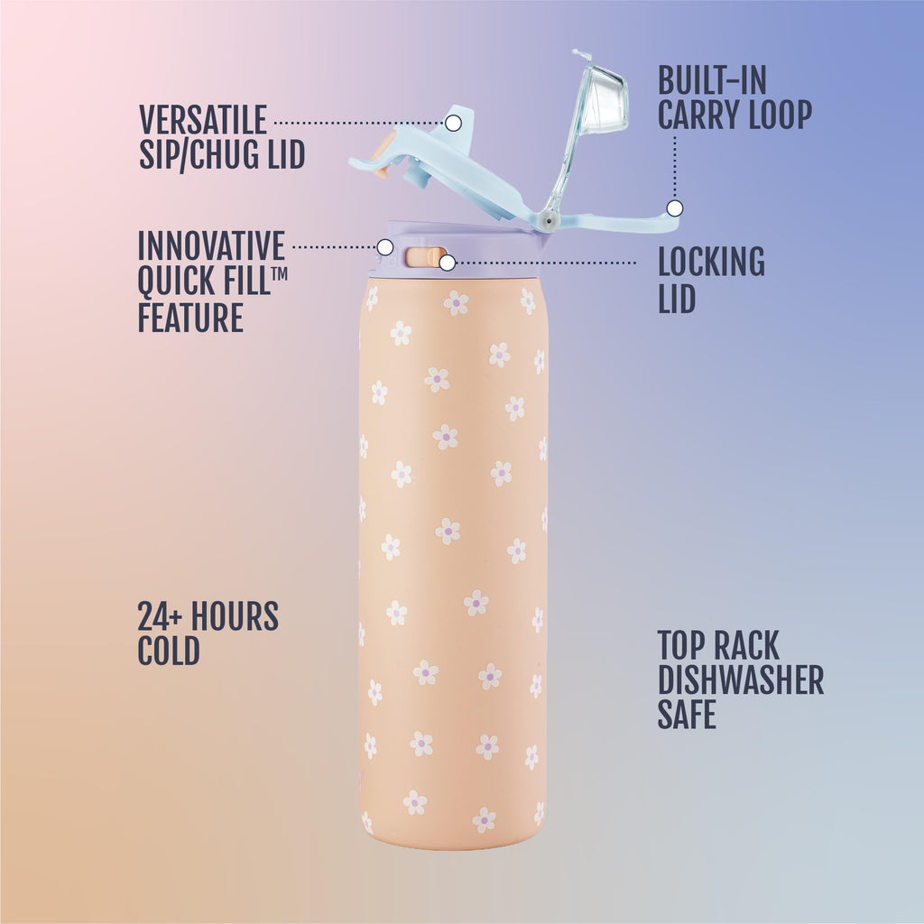 Ello Pop & Fill 32oz Stainless Steel Water Bottle with QuickFill Technology, Double Walled and Vacuum Insulated Metal, Leak Proof Locking Lid, Straw and Chug, Reusable, BPA Free, Gloss Daisies