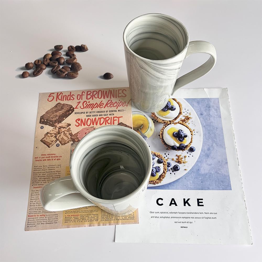 20 OZ Large Coffee Mugs,Marble Ceramic Tall Coffee Mug Set of 2, Extra Large Coffee Mug with Handle Big Porcelain Tea Cups for Men Women Gifts, Grey