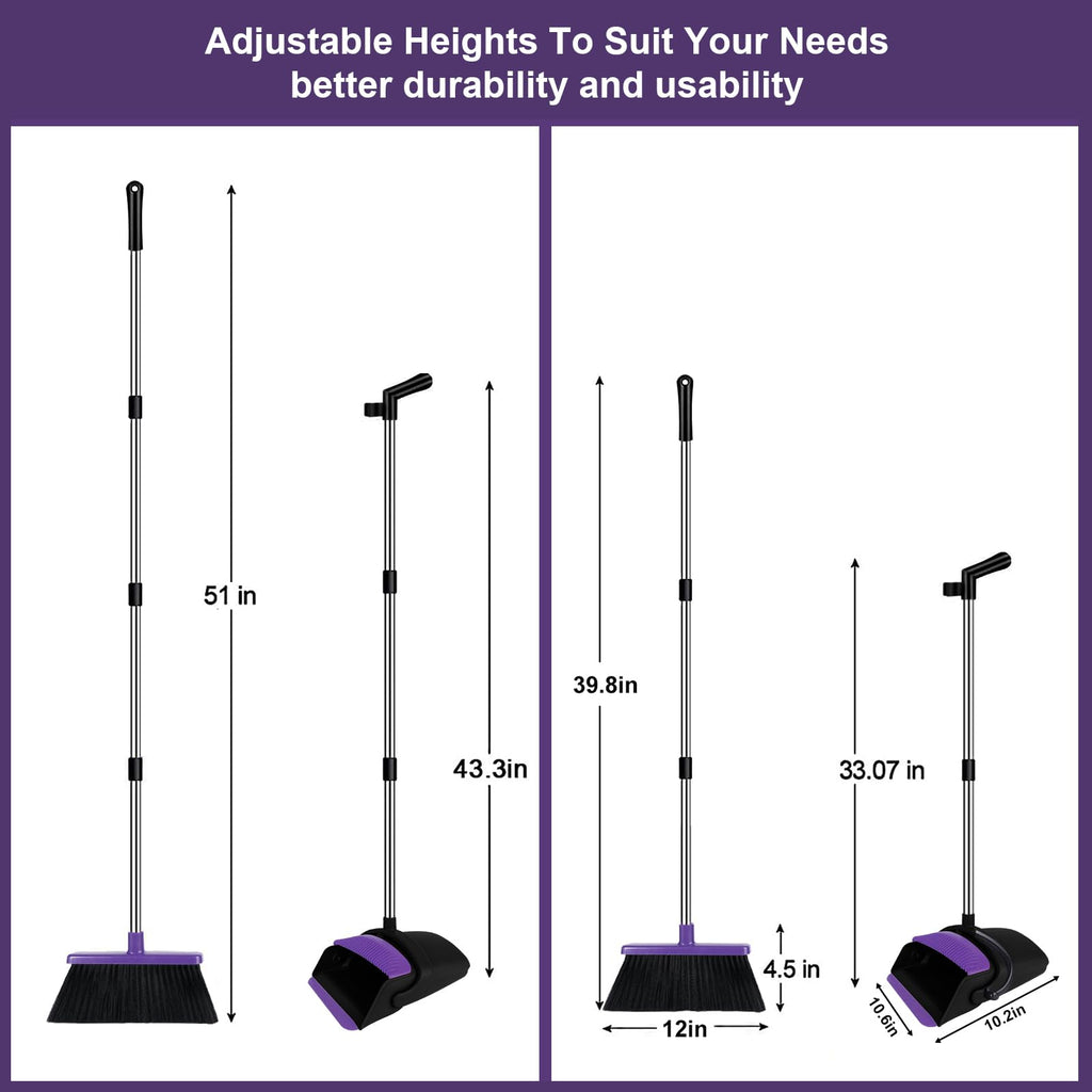 UDUK Broom with Dustpan Combo Set Upright, 51” Long Handle with Comb Teeth,Broom and Dustpan for Dog Cat Pets Home Kitchen Room Lobby Use, Normal, Purple