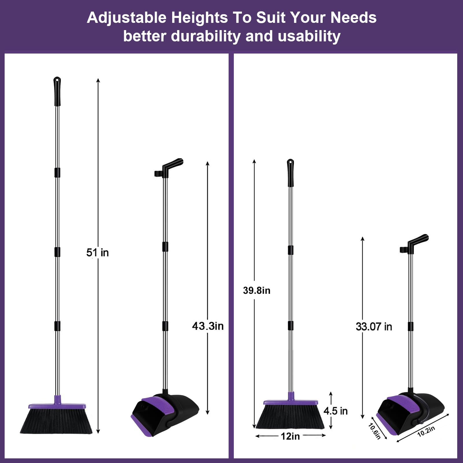 UDUK Broom with Dustpan Combo Set Upright, 51” Long Handle with Comb Teeth,Broom and Dustpan for Dog Cat Pets Home Kitchen Room Lobby Use, Normal, Purple