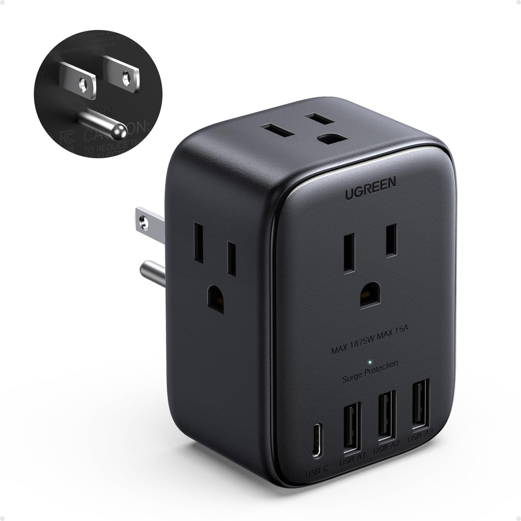 UGREEN 8-in-1 Multi Plug Outlet Extender with 4 USB (20W USB C), 4 Socket Splitter (3 Pin), GaN Power Strip with Surge Protection, Type B Wall Outlet Extension Block, Travel Essentials to US CA MX