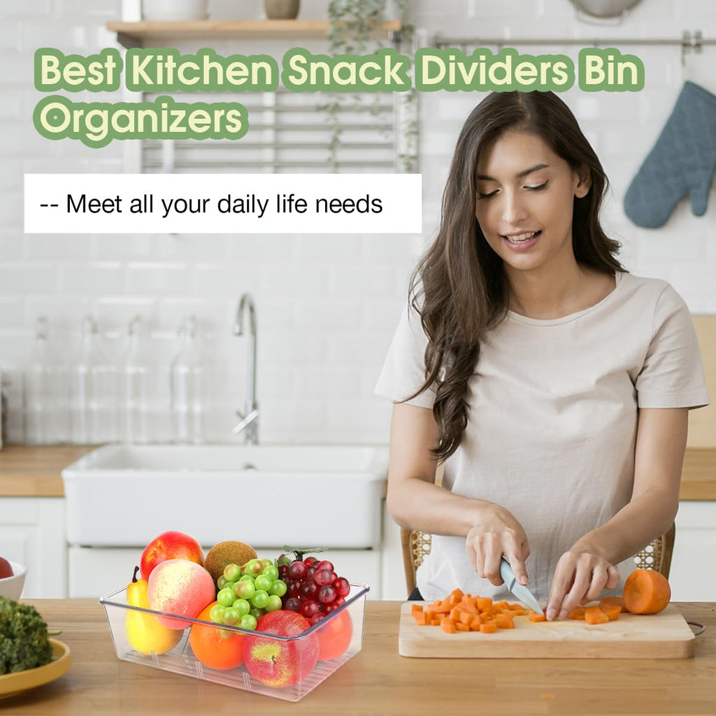 ZIZOTI Clear Pantry Organizer Storage Bins 4 Pack Plastic Removable Snack Organizer Pantry Organization Storage Racks with Removable Dividers, Perfect for Snacks, Packets, Spices, Kitchen, Cabinets