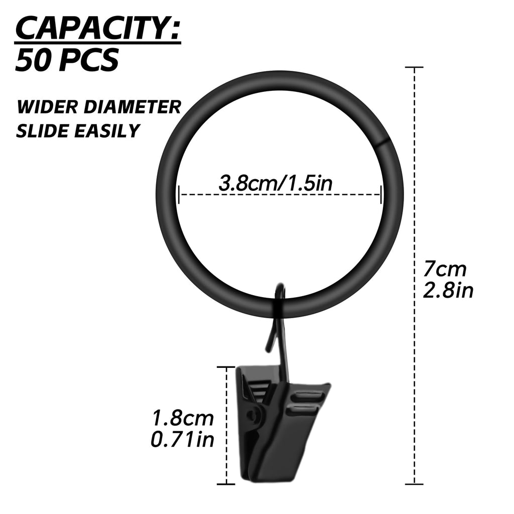 50 Pcs Curtain Hooks, 1.5 inch Black Curtain Rings, 4mm Thicken Rustproof Curtain Rings with Clips, Metal Curtain Clips for Hanging Drapery Drapes Bows