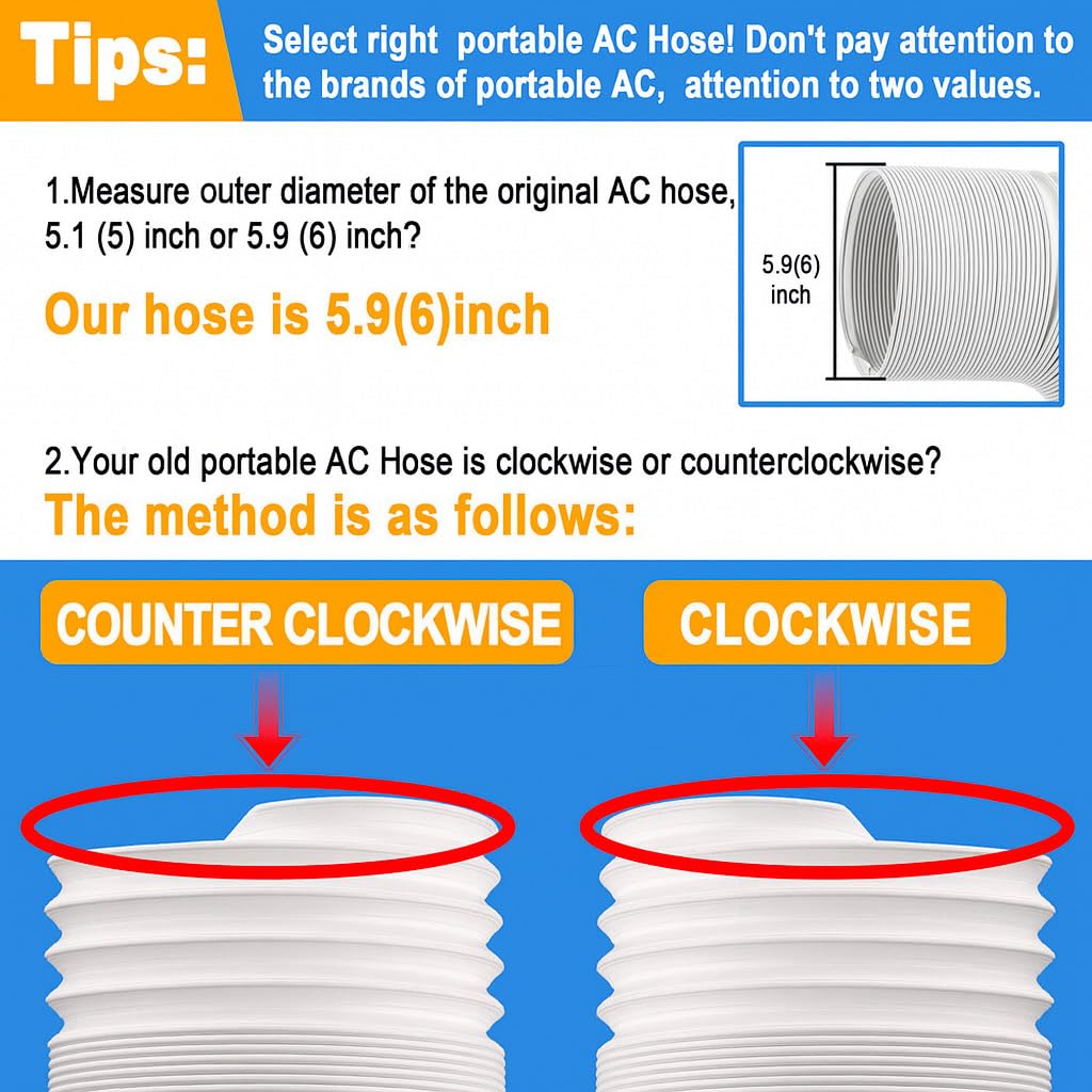 Air Conditioner Hose, Portable Exhaust Vent Hose with 5.9 Inch （6”） Diameter, Counterclockwise AC Hose Length to 80 Inch, Universal Replacement AC Vent Hose for LG and Many More Portable AC