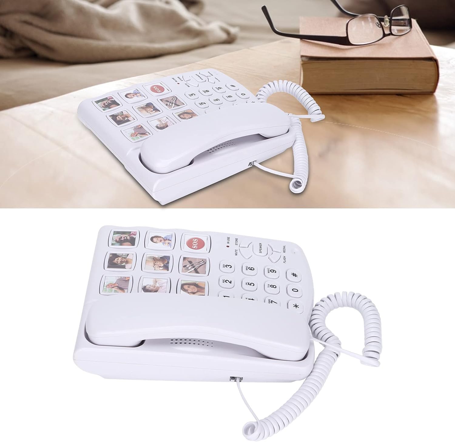 Landline Corded Home/Office Phone for Seniors with Photo Memory Speed Dial, Loud Ringer & Speakerphone, Desk & Wall Mounted Telephone for Dementia & Alzheimer’s Adults (White)
