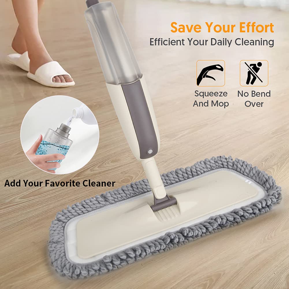 MEXERRIS Spray Mops for Floor Cleaning - Wet Dry Dust Kitchen Floor Mop with 410ML Refillable Bottle 360°Rotatable Hardwood Mop for Laminate Wood Tiles 3 Microfiber Reusable Pads and 1 Scrubber