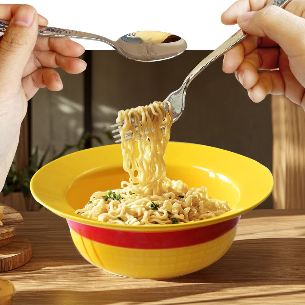 5-in-1 Gift Set - Straw Hat Shaped Ceramic Bowl with Stainless Steel Utensils - Novelty Ramen Bowl for Noodles, Salad, Cereal - Unique Japanese Style Bowl Decor Gift for Anime Lovers