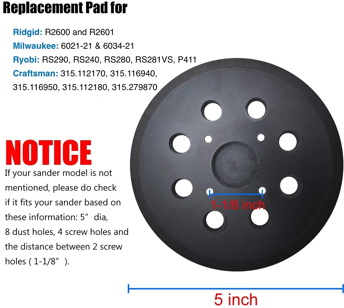 5 Inch Hook and Loop Sander Replacement Backing Pad for Ridgid R2600 and R2601, Craftsman 315.112170, Ryobi RS290, Milwaukee 6021-21 Random Orbit Sander