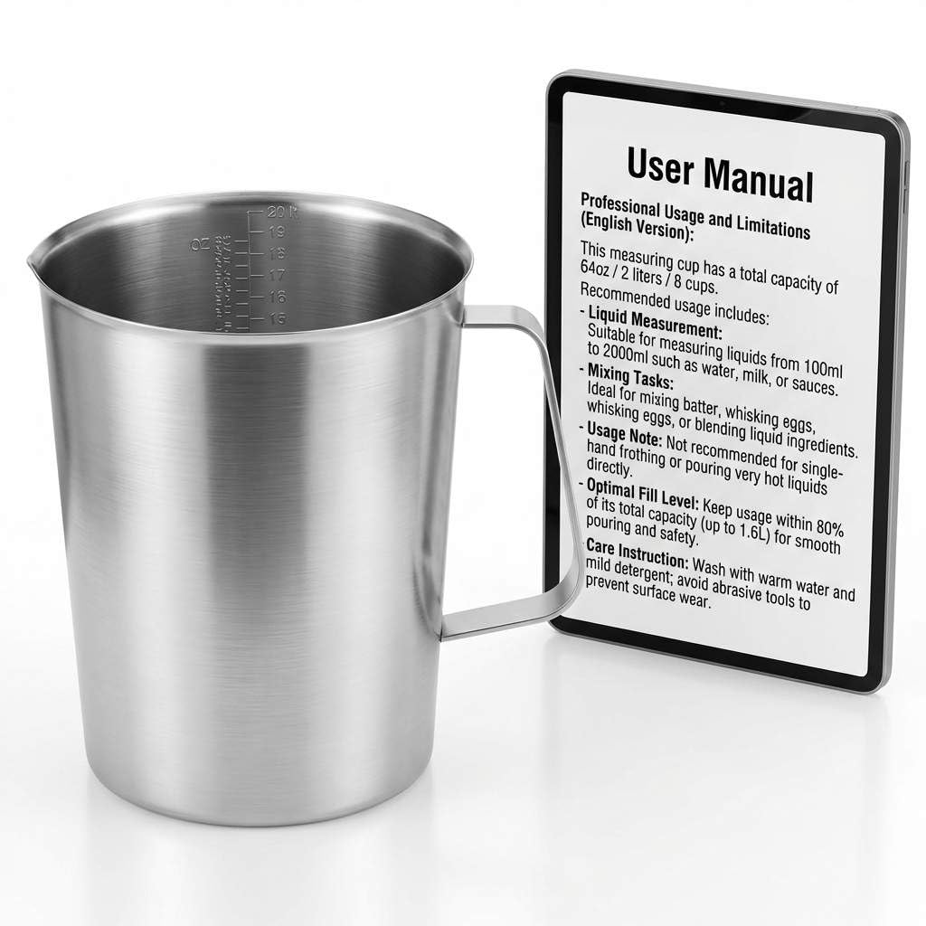 QWORK 304 Stainless Steel Measuring Cup 64 OZ with OZ/ML Graduations, 8 Cup Kitchen Mixing Pitcher, Precision Engraved Markings, Container for Baking and Frothing, 2 Liter