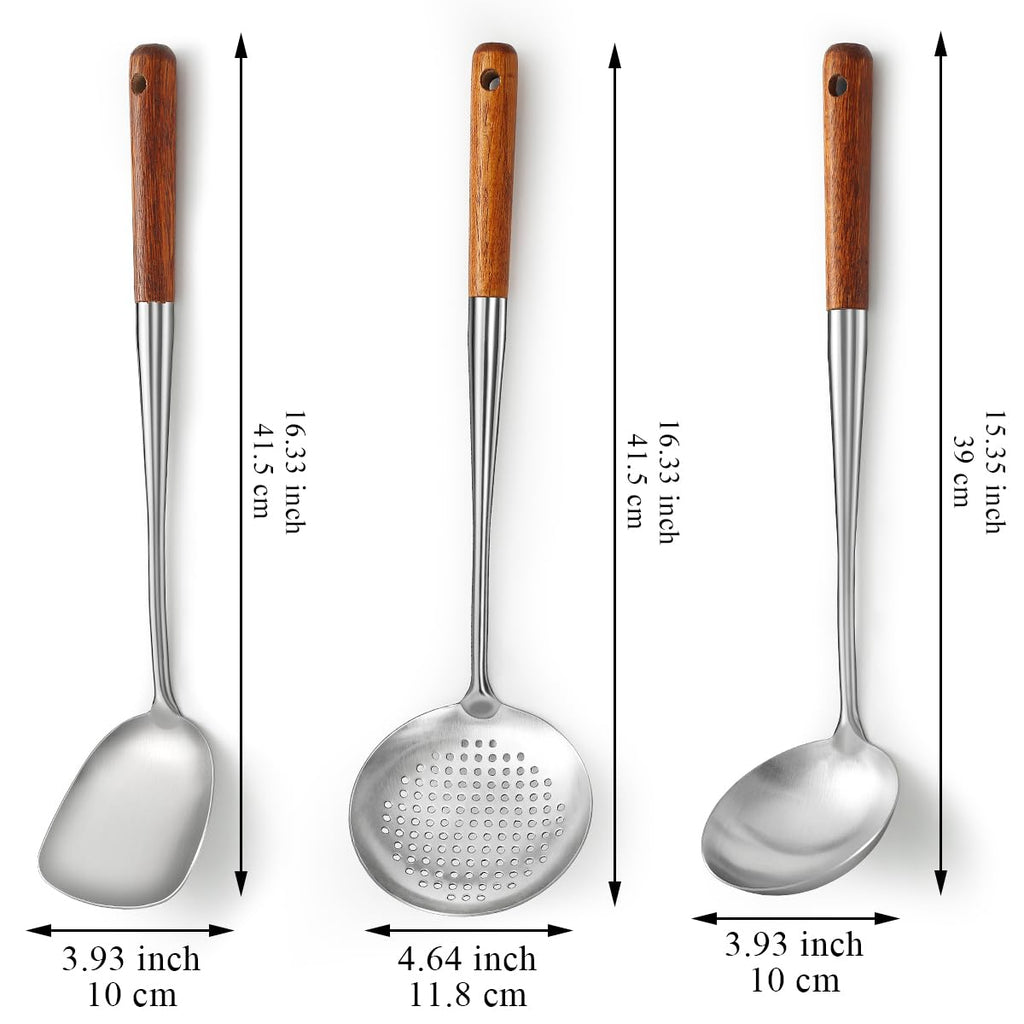 Evanda Wok Spatula Set 43cm, Heat Resistant Wood Handle Stainless Steel Wok Tools, Ladle, Metal Spatula, Kitchen Skimmer, Professional Kitchen Cooking Utensils Set, Wok Accessories Dishwasher Safe