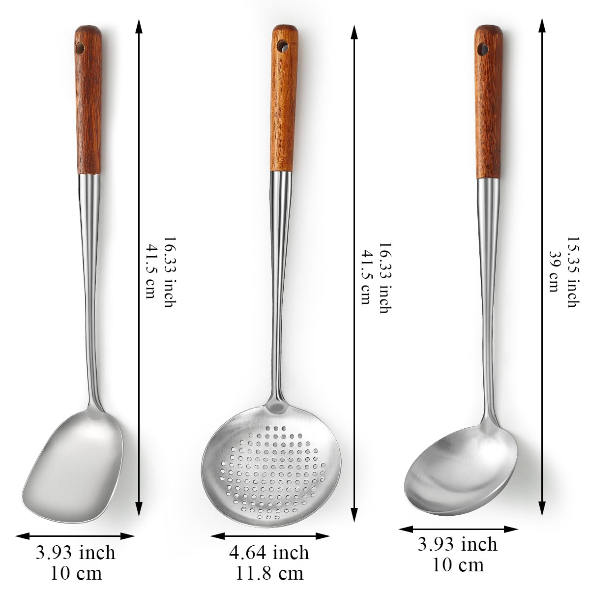Evanda Wok Spatula Set 43cm, Heat Resistant Wood Handle Stainless Steel Wok Tools, Ladle, Metal Spatula, Kitchen Skimmer, Professional Kitchen Cooking Utensils Set, Wok Accessories Dishwasher Safe