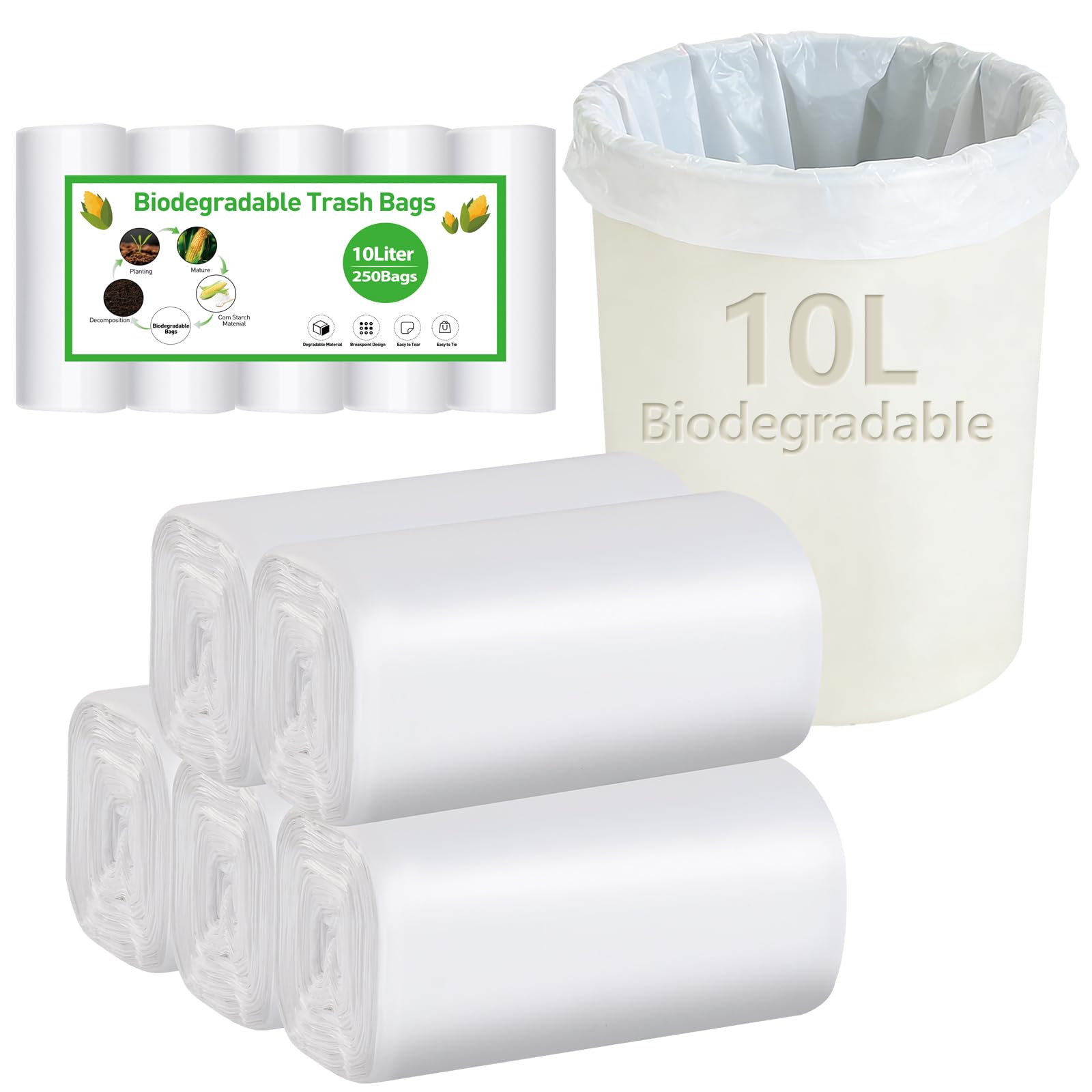 250 Count Compostable Kitchen Bags - 2.6 Gallon Biodegradable Compost Bin Liners for Food Scraps - Organic, Small White Compost Bags for Easy Waste Disposa