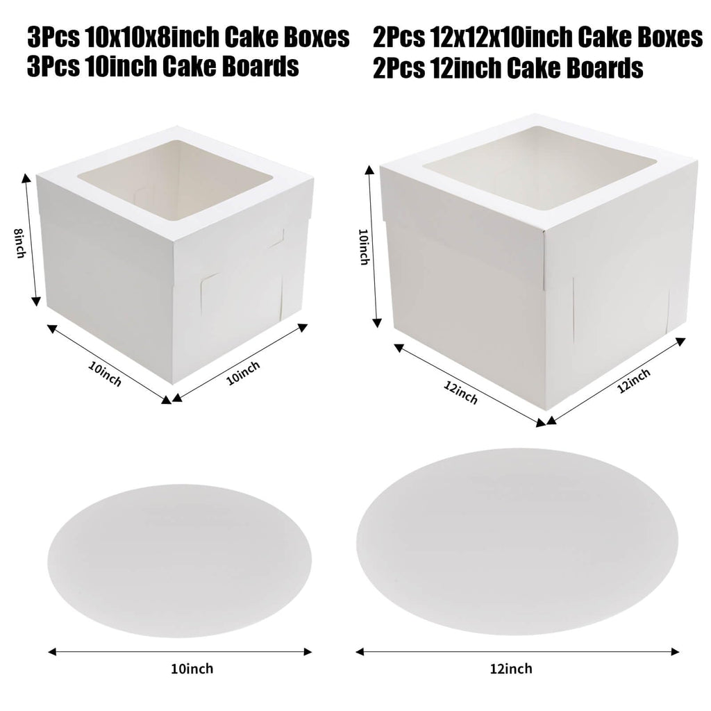 10 Pcs 12x12x10 10x10x8 Cake Boxes Set (5 Boxes & 5 Boards) with Windows Large in 2 Sizes Tall Bakery Boxes Disposable Carrier Take Out Container, Boxes in 2 Tier for Valentine's Day