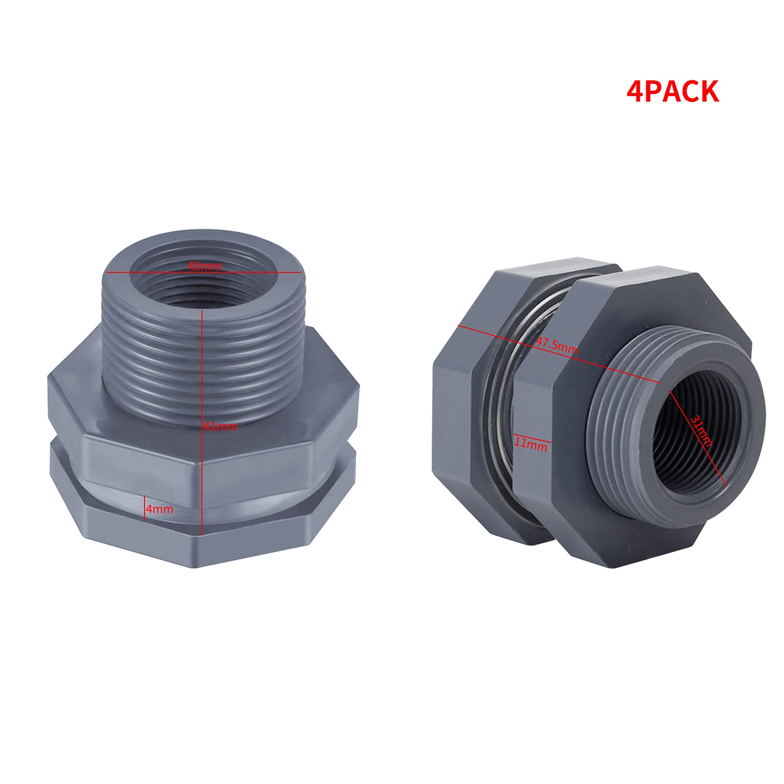 UgyDuky 4 Pieces PVC Bulkhead Fitting for Rain Barrels, Aquariums, Water Tanks, Tubs, Pools - Grey (1 Inch)