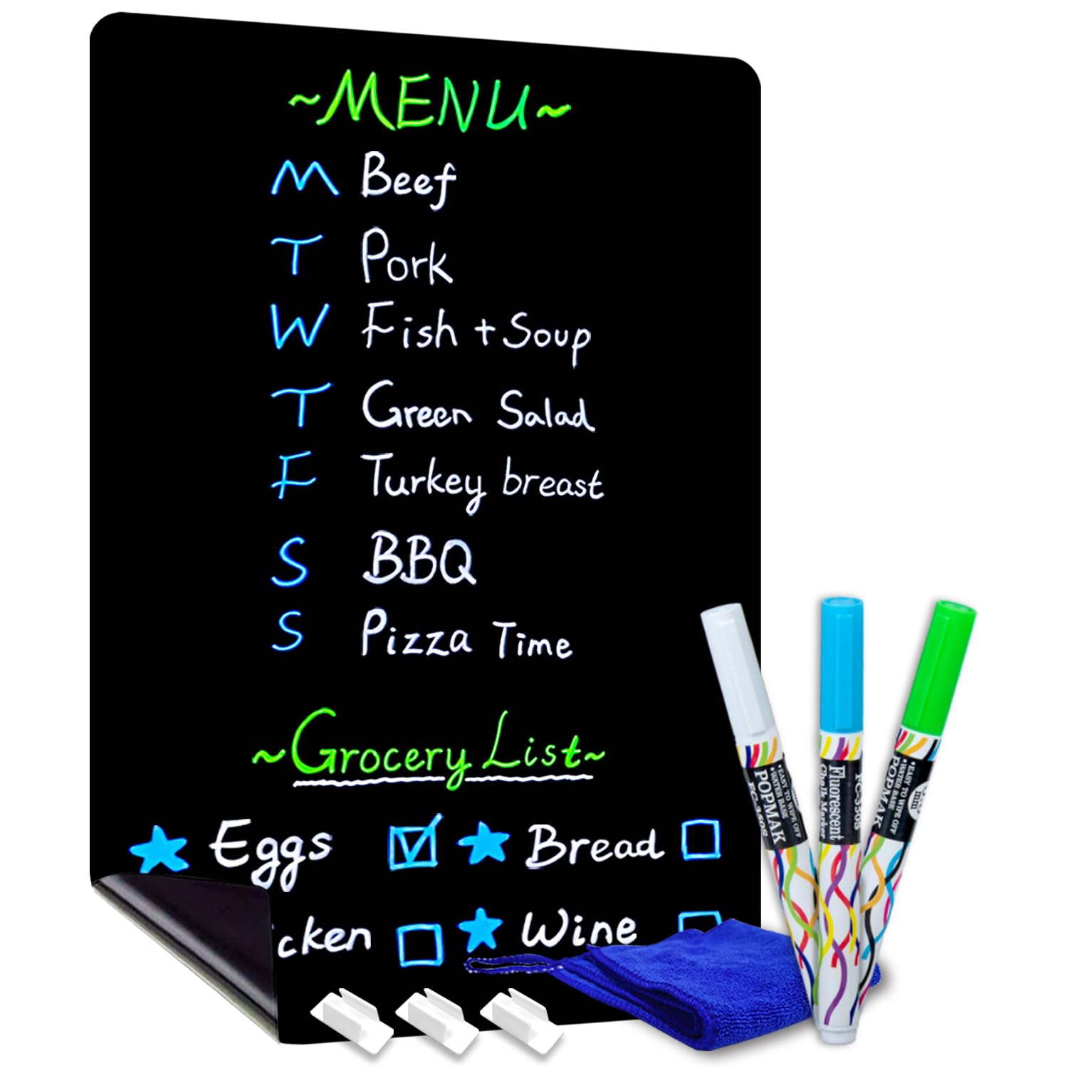 CUHIOY Magnetic Black Dry Erase Board for Refrigerator, 17x11 Fridge Chalkboard, Dry Erase Planning Board for Notepad, Memo, Weekly Meal Planner, Grocery List, to-do List, 3 Chalk Markers & Eraser
