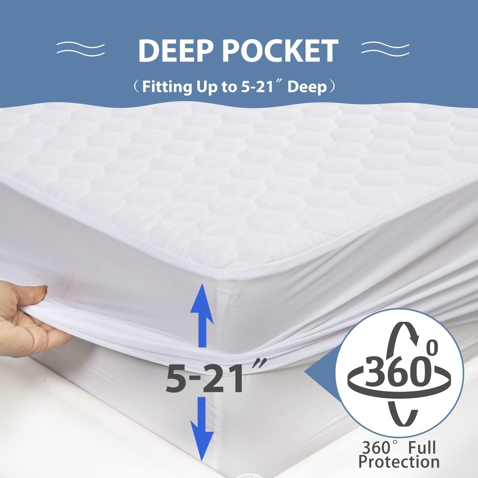 HYMOKEGE Quilted Mattress Protector Queen Size, 100% Waterproof Mattress Cover for Queen Size Bed, Breathable & Noiseless Bed Pad Cover with 5"-21" Deep Pocket