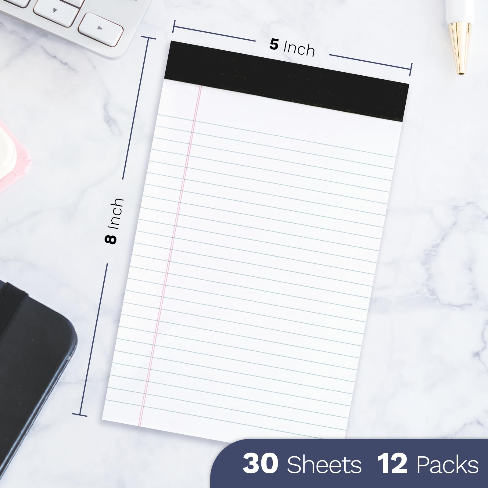 Note Pads 5x8 Narrow Ruled 12 Pack Samll Notepad, Goefun 30 Sheets Legal Pads 5x8 for Work, Perforated White Notepads Lined Paper for Office, School, College