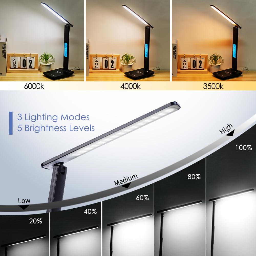 wanjiaone Multifunctional LED Desk Lamp with Wireless Charger,USB Charging Port,Clock,Phone Holder,Desk Lamps for Home Office,Eye-Caring Reading Lamp,Study Lamp for Boys,Girls,Teens (Black-tx26)