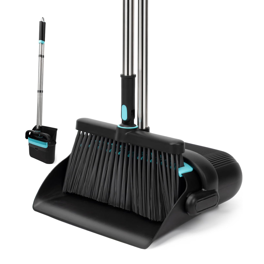 Broom and Dust Pan 61” Long Handle Broom and Dustpan Set with 180° Rotatable Broom Head for Home Office Kitchen Lobby Cleaning Upright Standing Broom and Dustpan