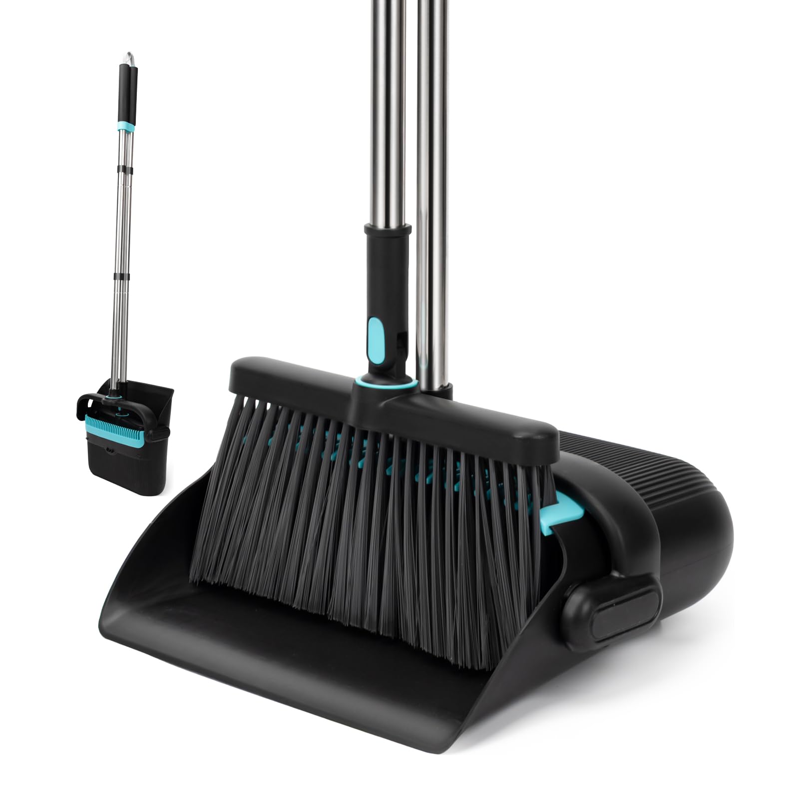 Broom and Dust Pan 61” Long Handle Broom and Dustpan Set with 180° Rotatable Broom Head for Home Office Kitchen Lobby Cleaning Upright Standing Broom and Dustpan